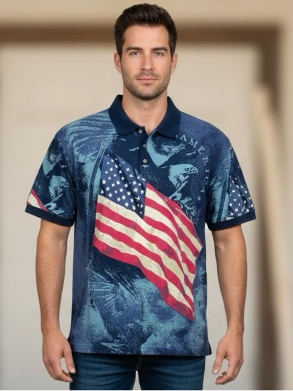 Cotton Traders Sport Men’s XL Polo Shirt American Flag Eagle USA All Over Print